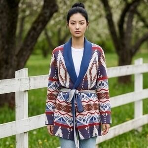 REBA Southwestern Geometric Belted Cardigan Sweater Blue Red Cotton Large